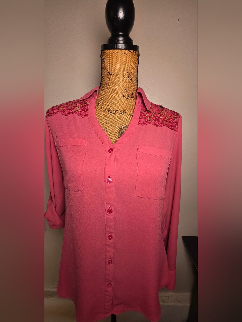 Express Pink Lace-Trim Button Down Shirt
